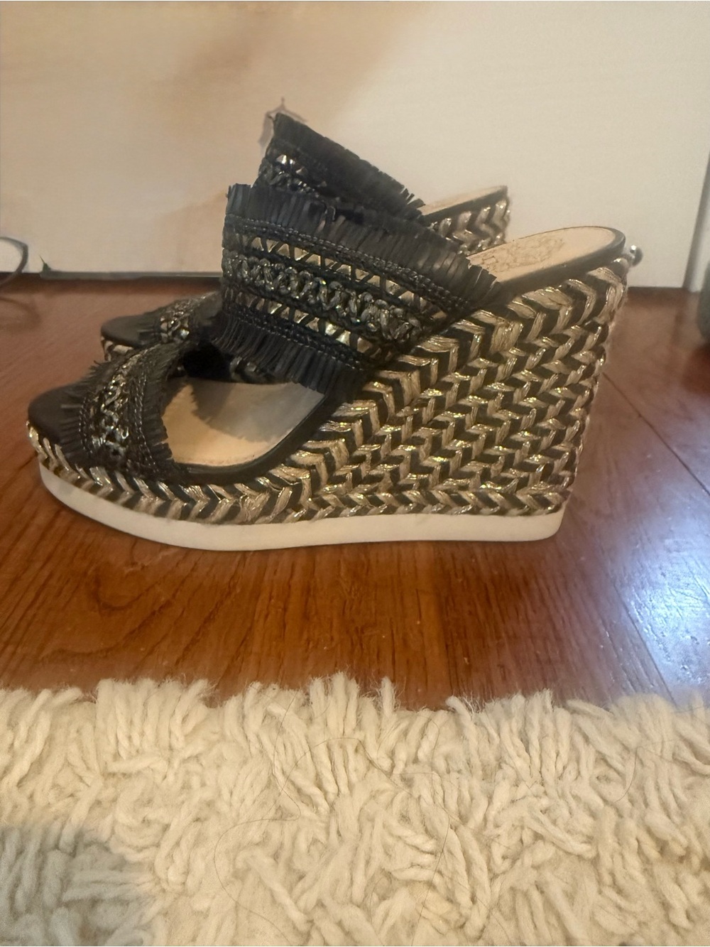 Vince Camuto Black and Gold Fringe Wedge Sandals - Brand New. Never worn. 6 1/2
